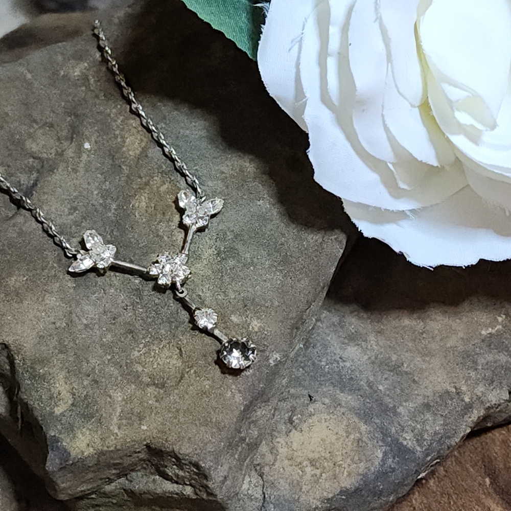Dainty Silver Toned Floral Butterfly Crystal Y Necklace